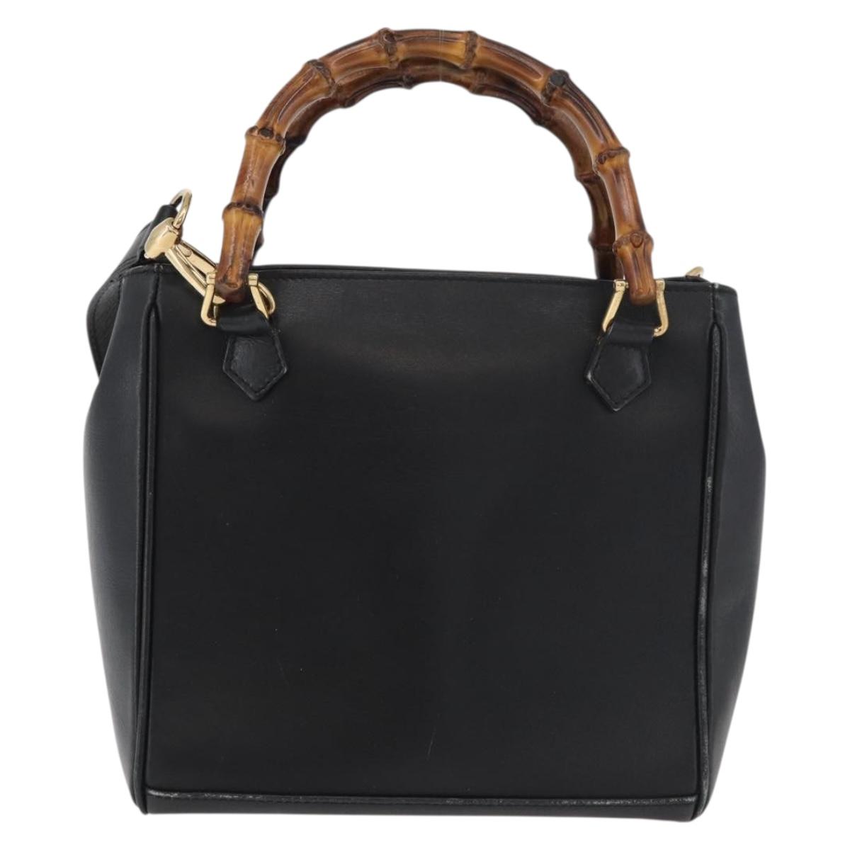 GUCCI Bamboo Hand Bag Leather 2way Black Gold Auth 177474