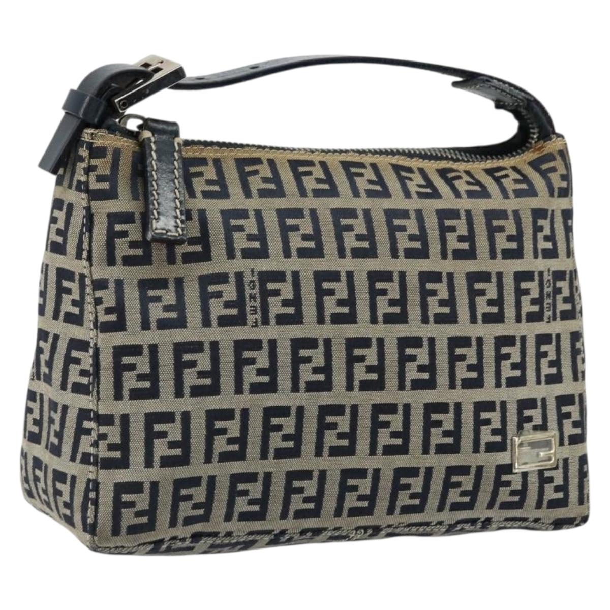 FENDI Zucchino Canvas Hand Pouch Bag Navy Silver Auth 177481