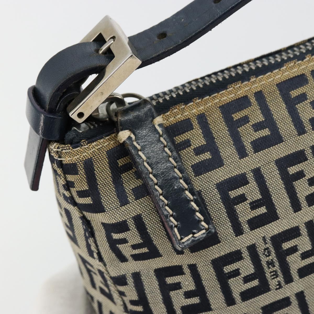FENDI Zucchino Canvas Hand Pouch Bag Navy Silver Auth 177481