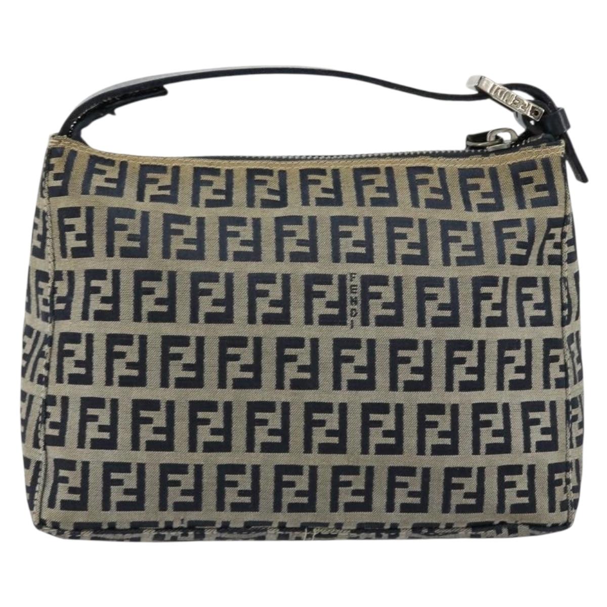 FENDI Zucchino Canvas Hand Pouch Bag Navy Silver Auth 177481
