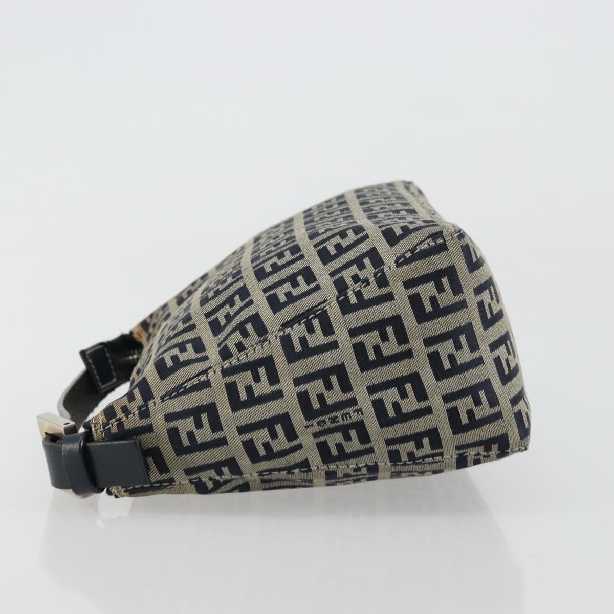 FENDI Zucchino Canvas Hand Pouch Bag Navy Silver Auth 177481
