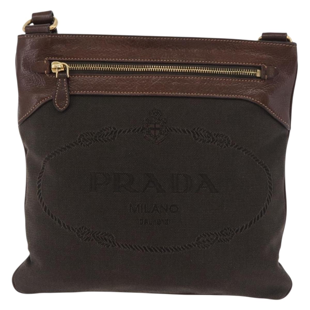 PRADA Shoulder Bag Canvas Brown Gold Auth 177488A