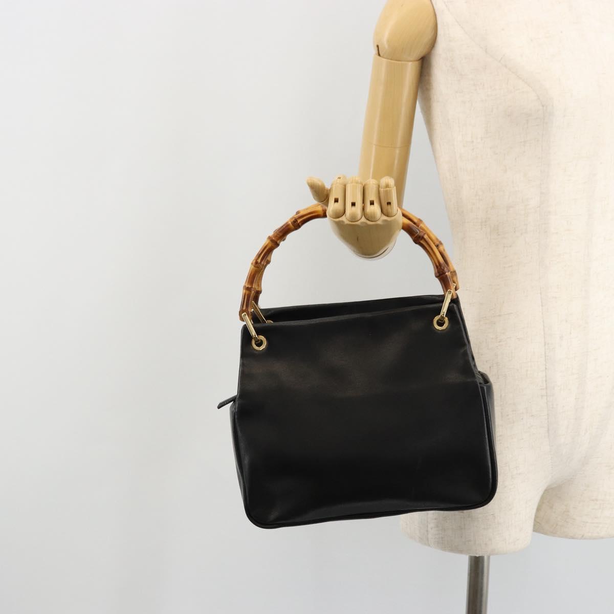 GUCCI Bamboo Hand Bag Leather Black Gold Auth 177513
