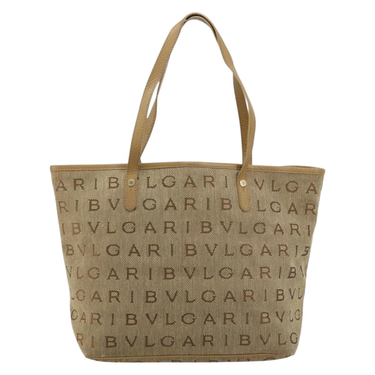 BVLGARI Logo Mania Tote Bag Canvas Beige Gold Auth 177518