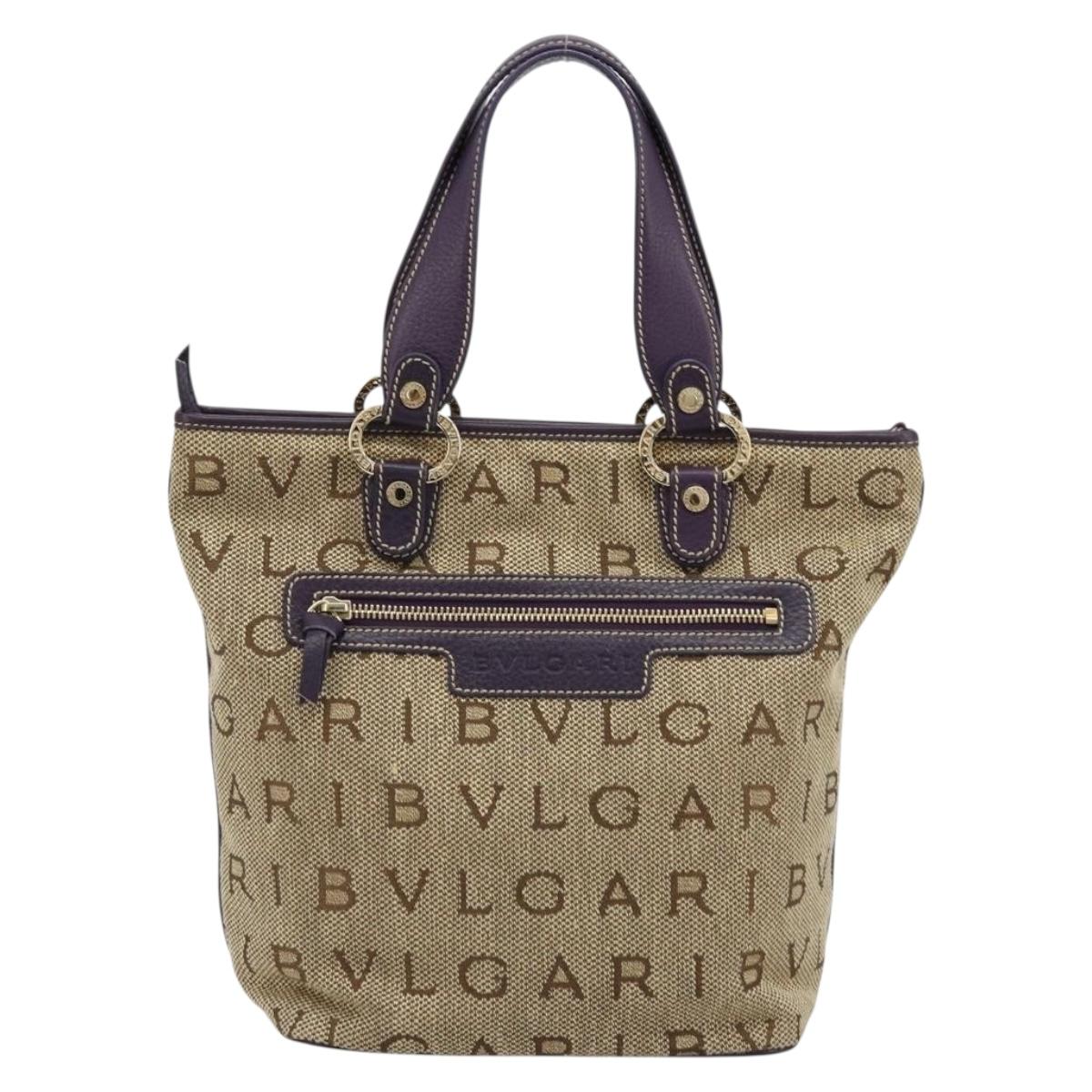 BVLGARI Logo Mania Tote Bag Canvas Beige Gold purple Auth 177564A