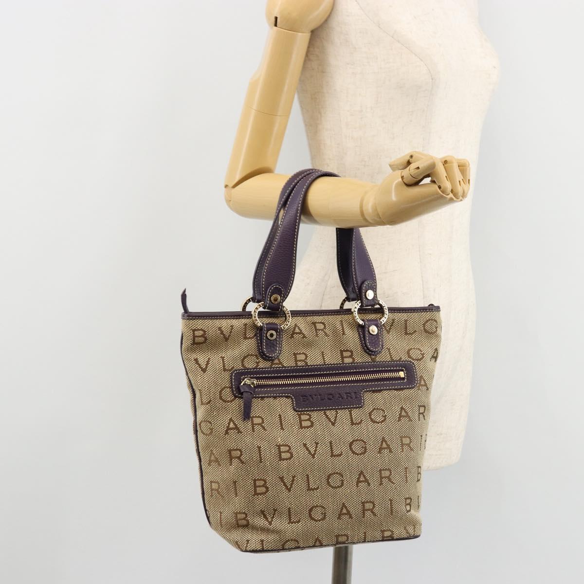 BVLGARI Logo Mania Tote Bag Canvas Beige Gold purple Auth 177564A
