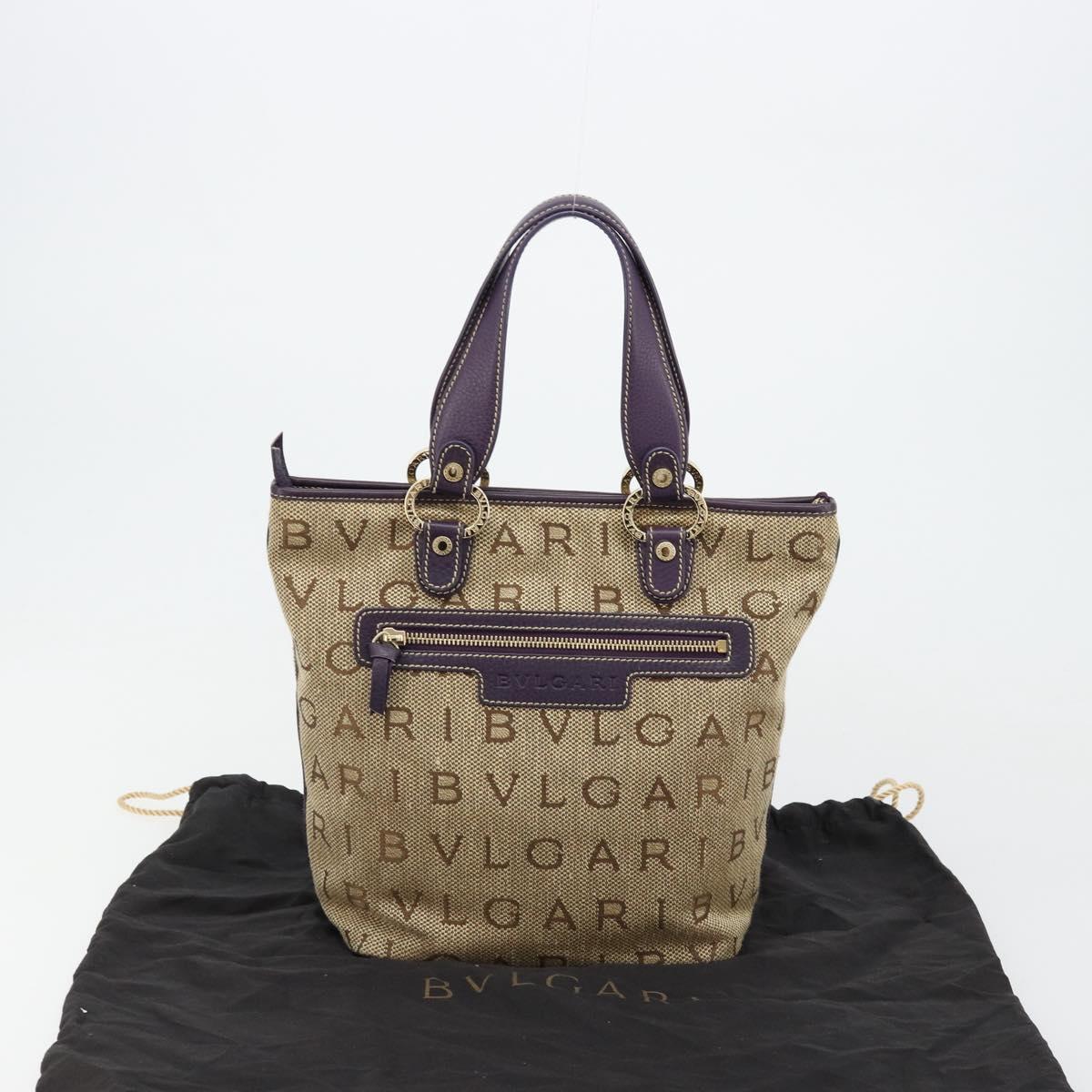 BVLGARI Logo Mania Tote Bag Canvas Beige Gold purple Auth 177564A