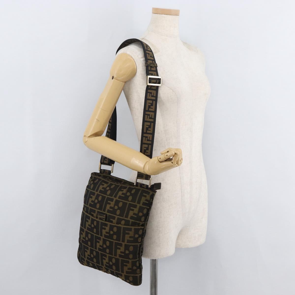 FENDI Zucca Canvas Shoulder Bag Black Brown Auth 177566