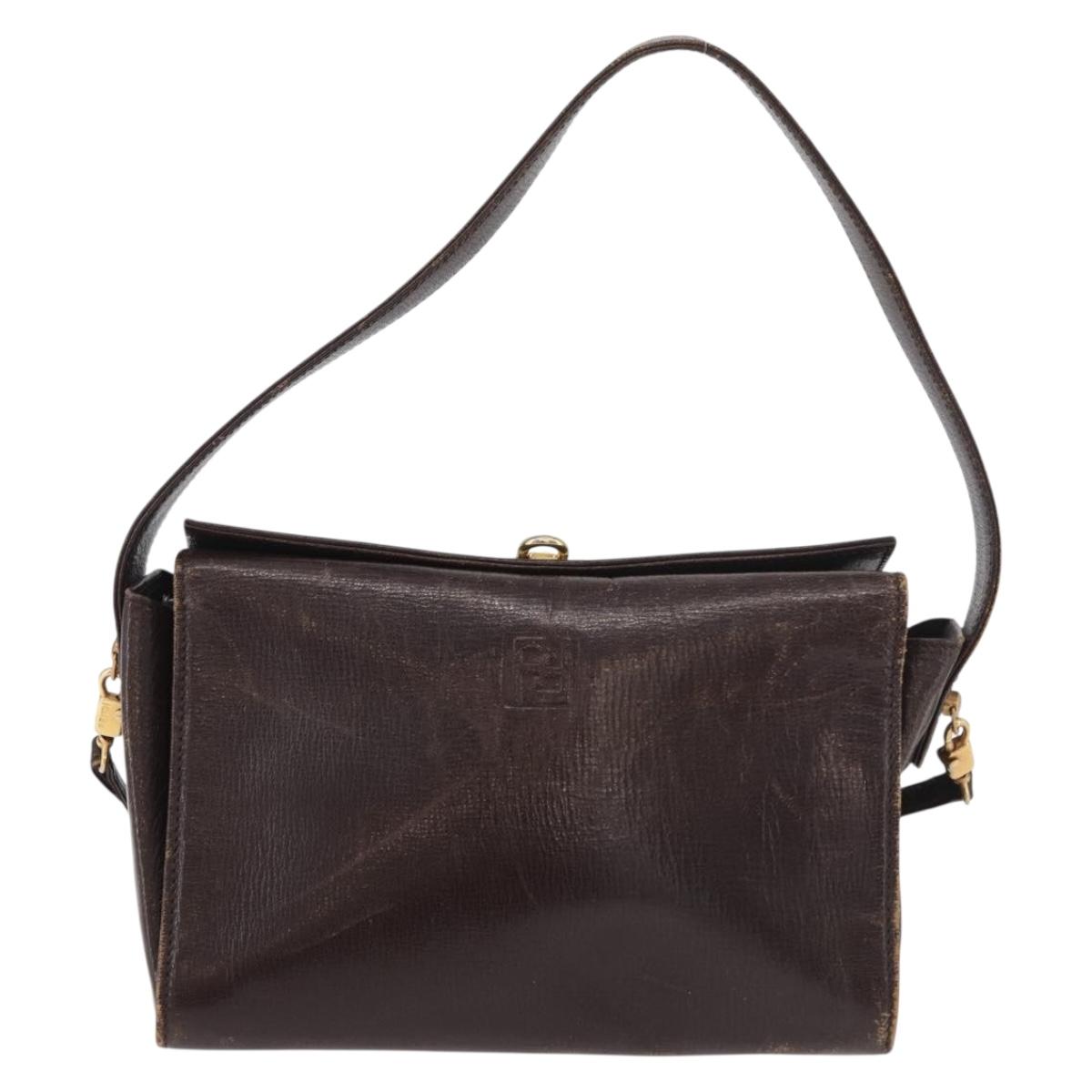 FENDI Hand Bag Leather 2way Brown Gold Auth 177573