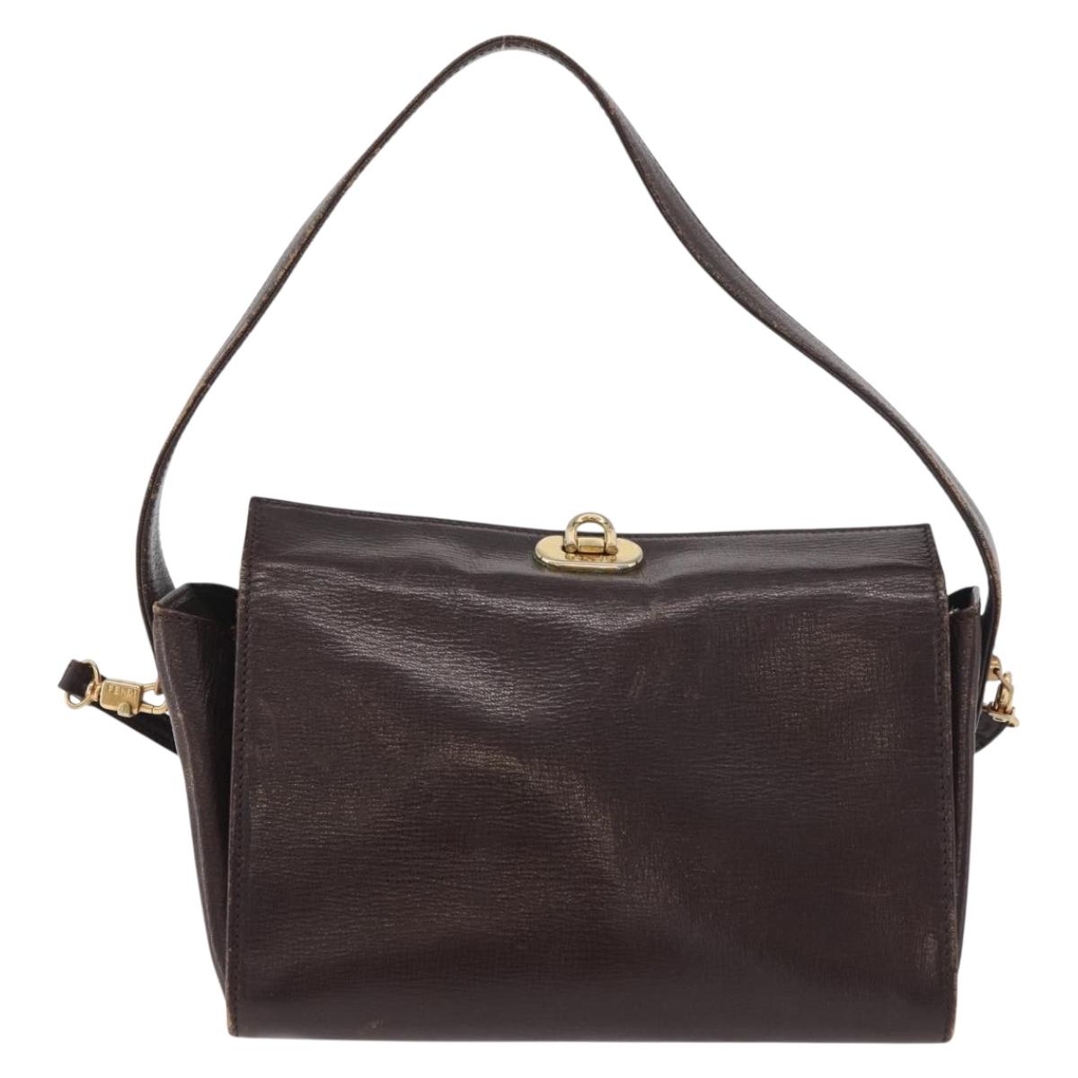 FENDI Hand Bag Leather 2way Brown Gold Auth 177573