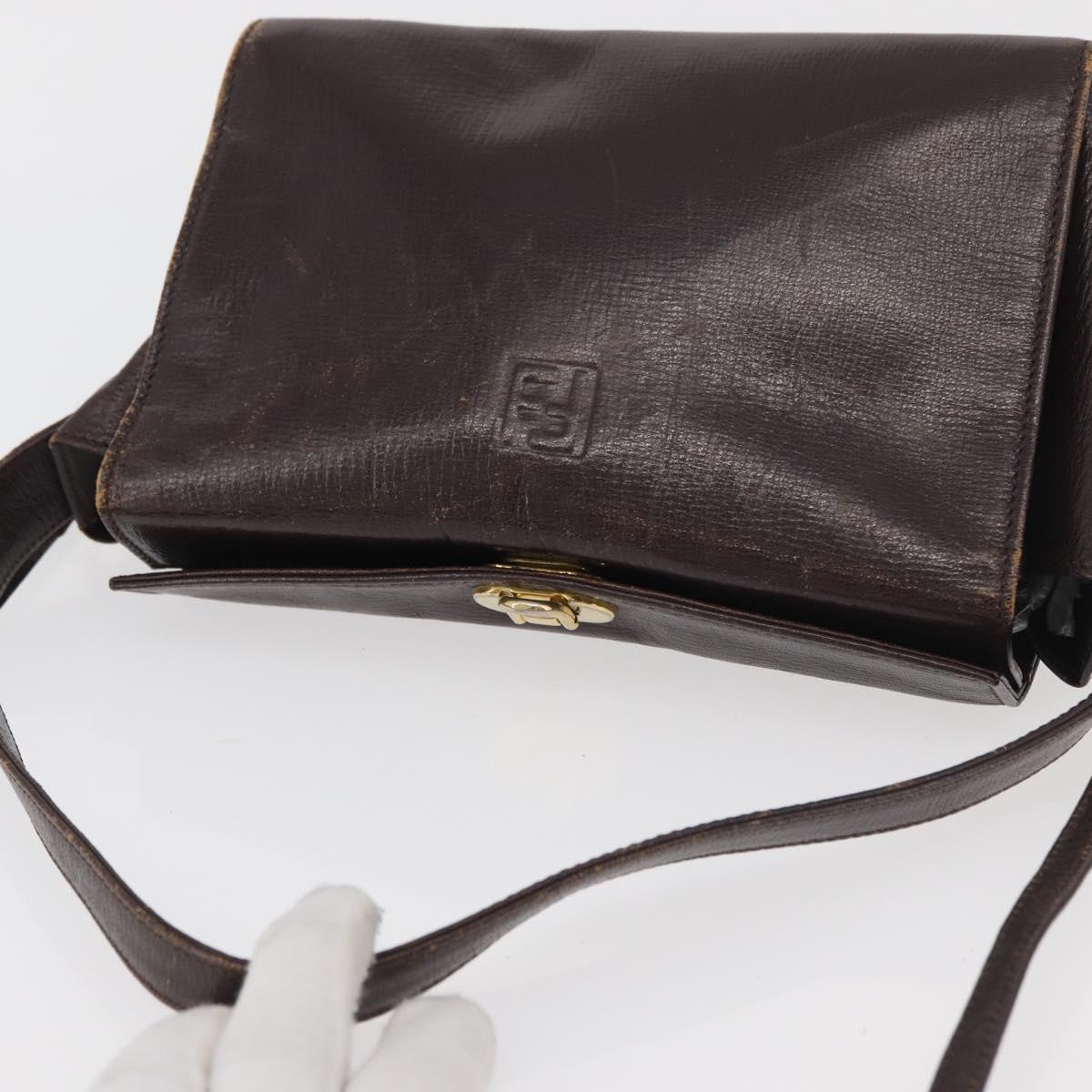 FENDI Hand Bag Leather 2way Brown Gold Auth 177573