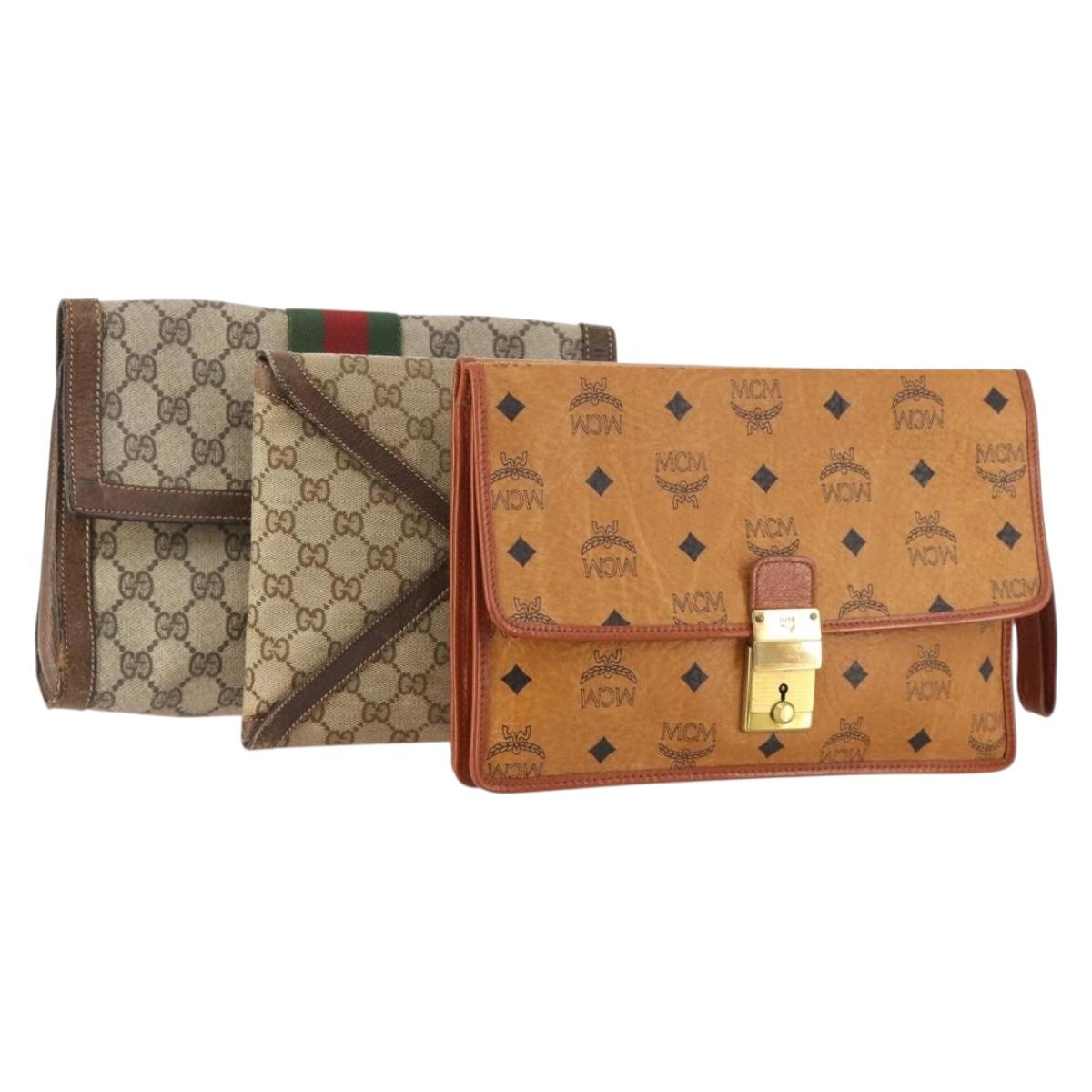GUCCI MCM GG Canvas Vicetos Logogram Clutch Bag 3 Set Beige Brown Auth 177575