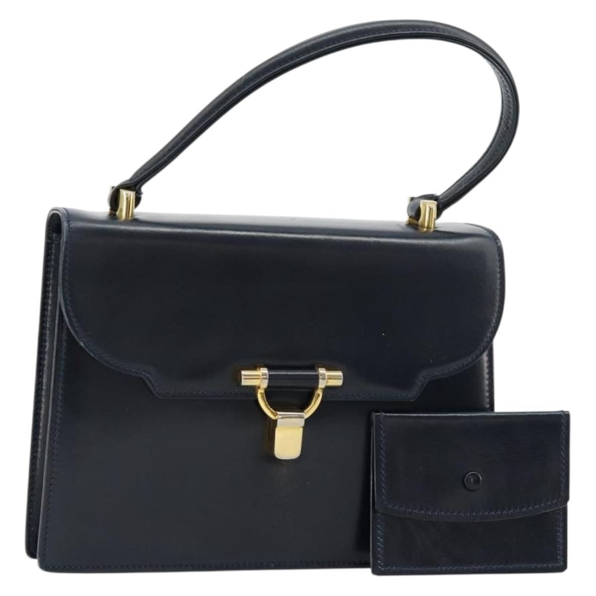 GUCCI Hand Bag Leather Navy Gold Auth 177606