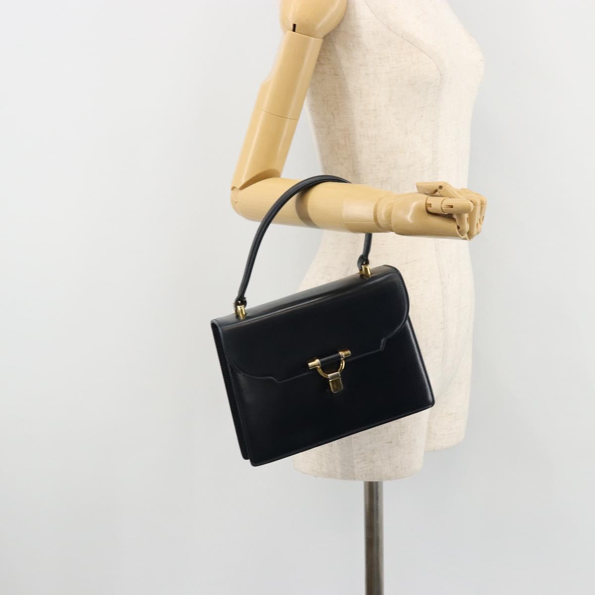 GUCCI Hand Bag Leather Navy Gold Auth 177606