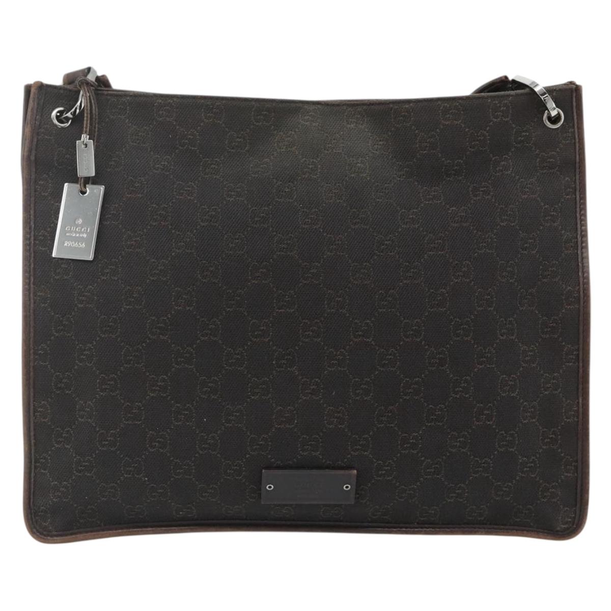 GUCCI GG Canvas Shoulder Bag Dark Brown Silver 90656 Auth 177610