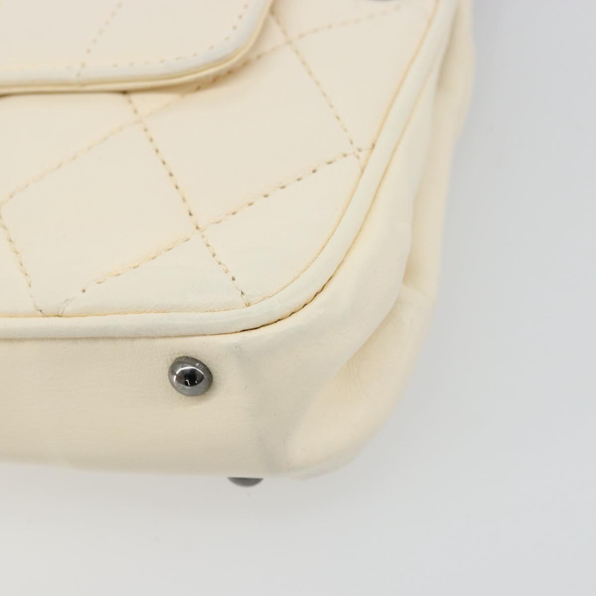 CHANEL Choco Bar Chain Shoulder Bag Lamb Skin White Silver CC Auth 177622