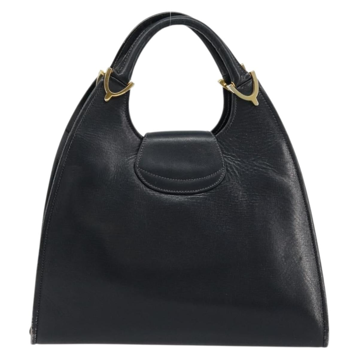GUCCI Hand Bag Leather Navy Gold Auth 177664