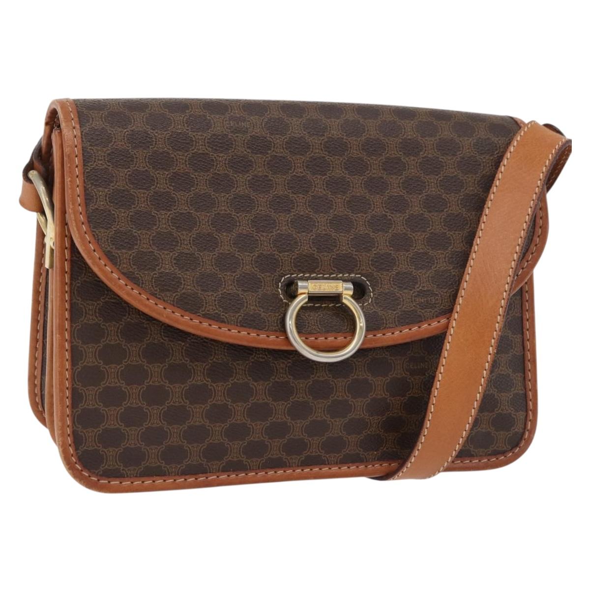 CELINE Macadam Canvas Shoulder Bag PVC Leather Brown Gold Auth 177673A
