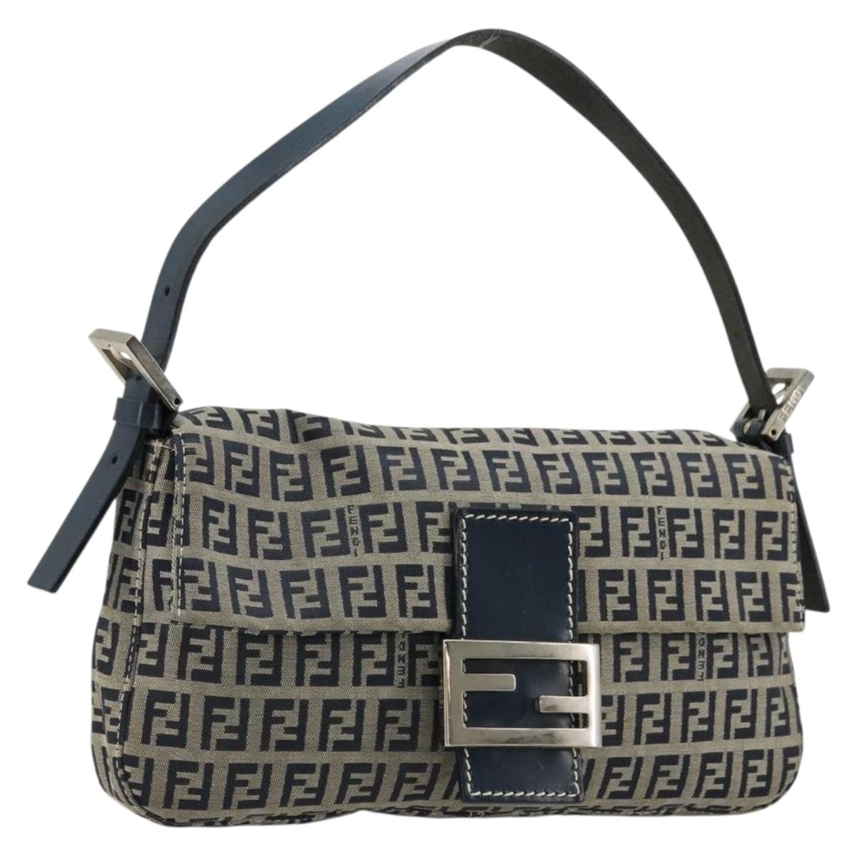 FENDI Zucchino Canvas Mamma Baguette Shoulder Bag Navy Silver Auth 177677A
