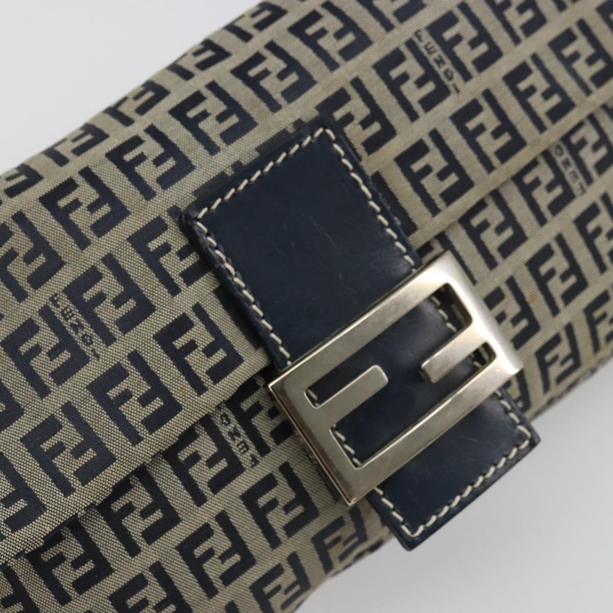 FENDI Zucchino Canvas Mamma Baguette Shoulder Bag Navy Silver Auth 177677A