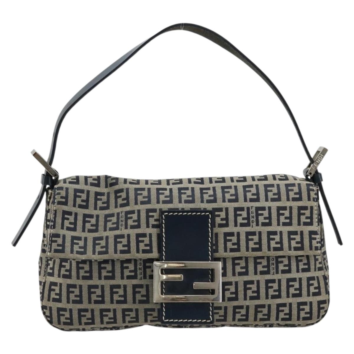 FENDI Zucchino Canvas Mamma Baguette Shoulder Bag Navy Silver Auth 177677A