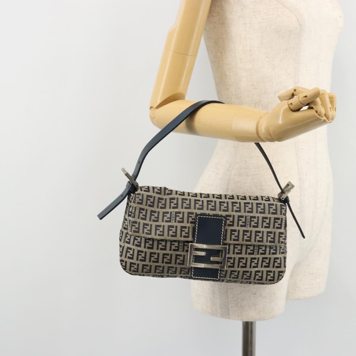 FENDI Zucchino Canvas Mamma Baguette Shoulder Bag Navy Silver Auth 177677A