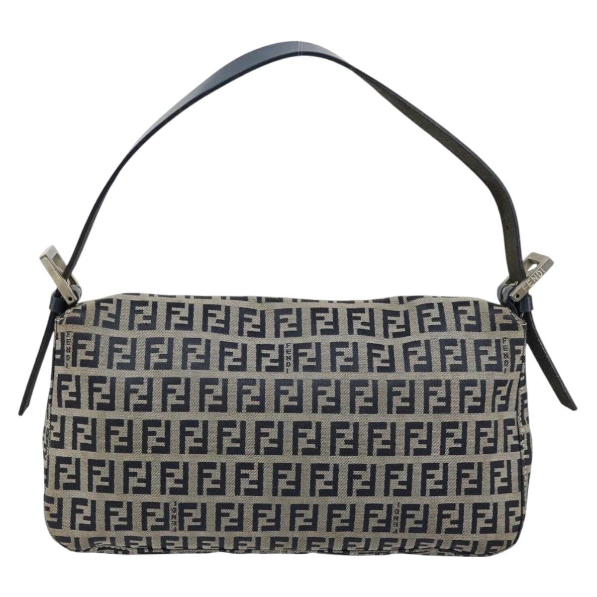 FENDI Zucchino Canvas Mamma Baguette Shoulder Bag Navy Silver Auth 177677A