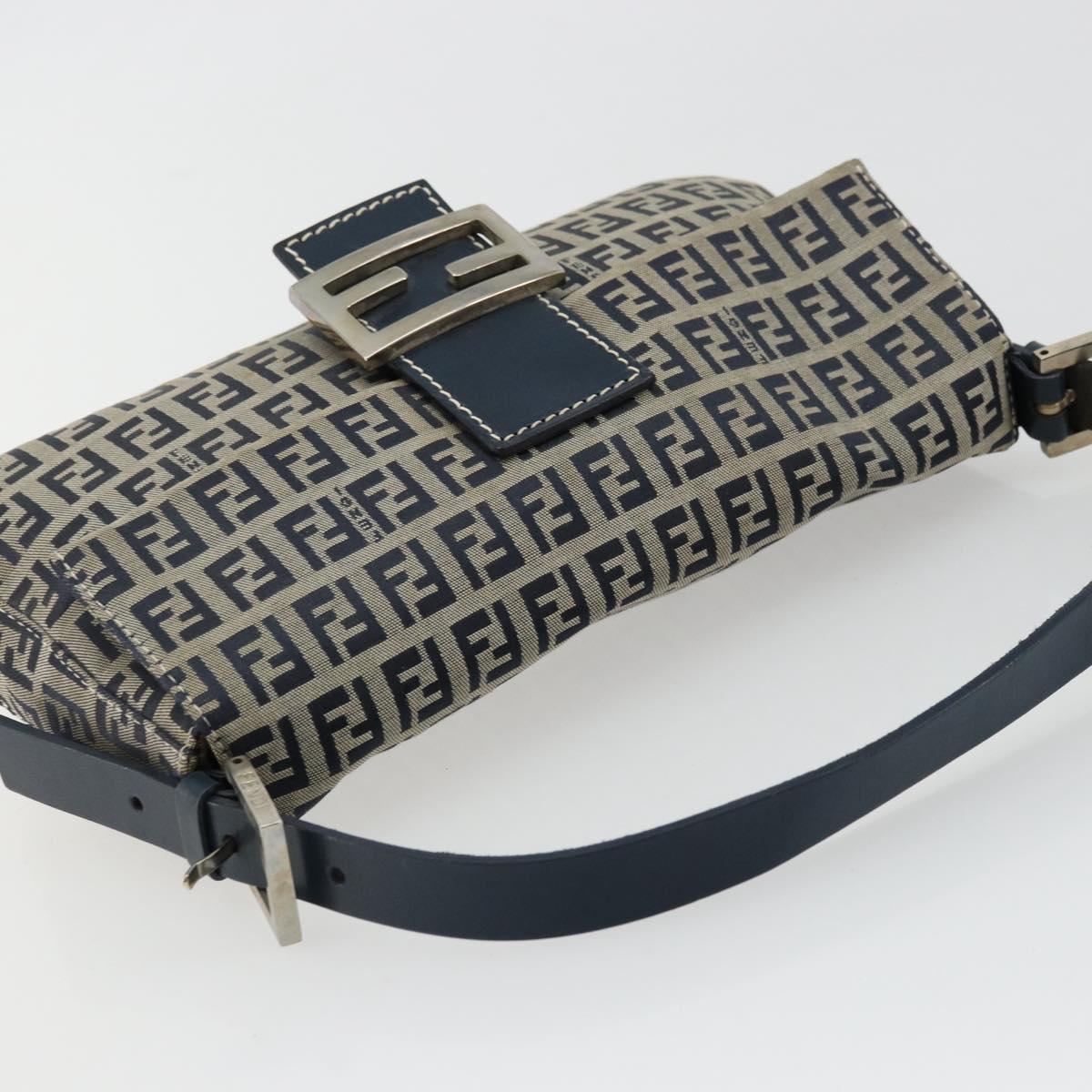 FENDI Zucchino Canvas Mamma Baguette Shoulder Bag Navy Silver Auth 177677A