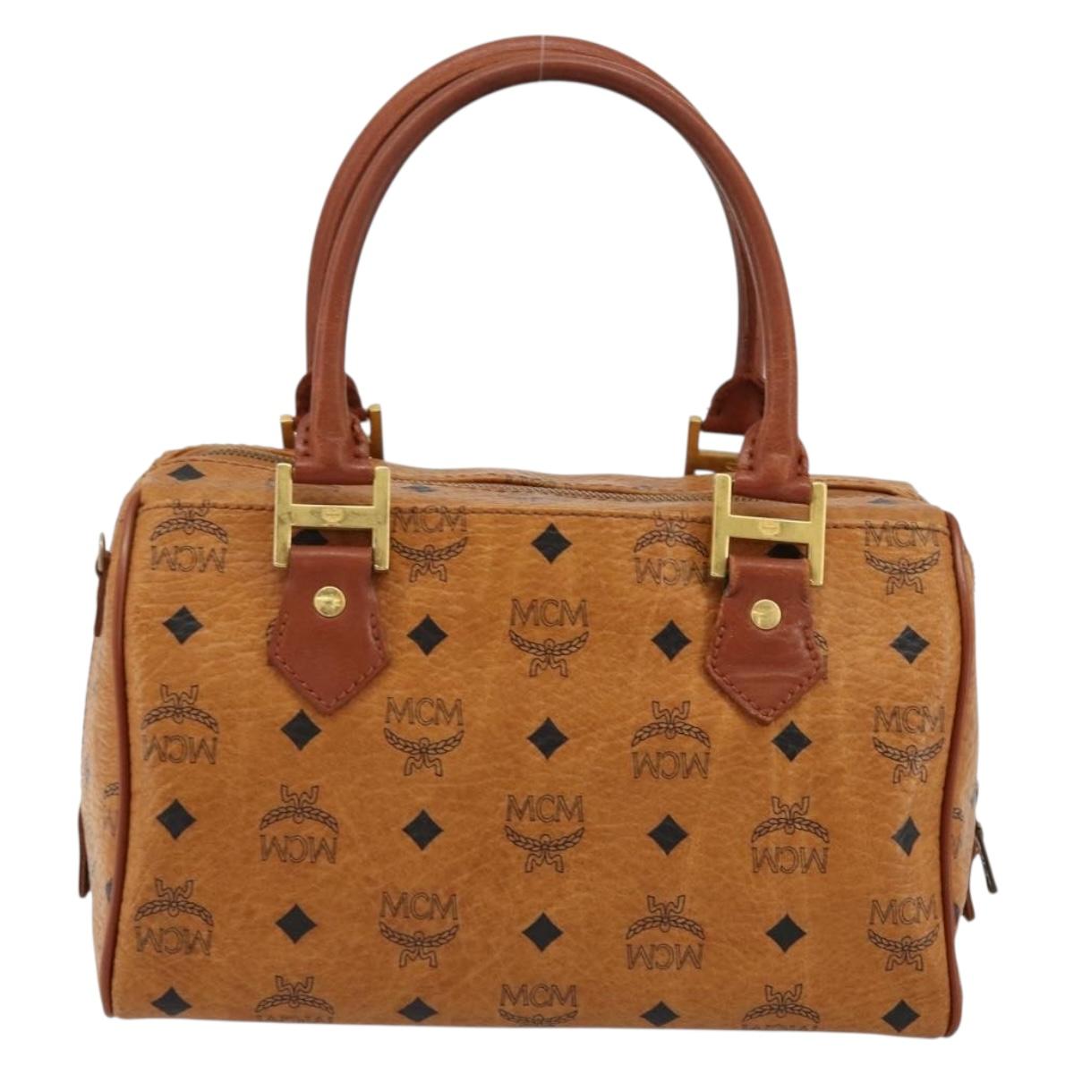 MCM Logogram Vicetos Boston Bag PVC Brown Gold Auth 177680