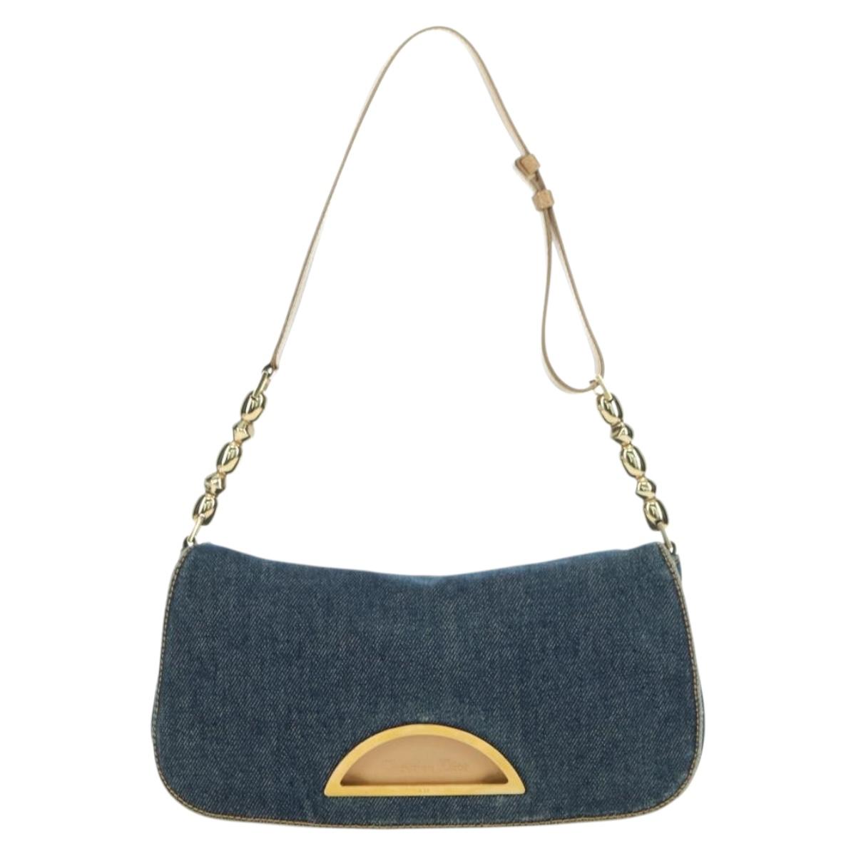 Christian Dior Maris Pearl Shoulder Bag Denim Navy Gold Auth 177688V