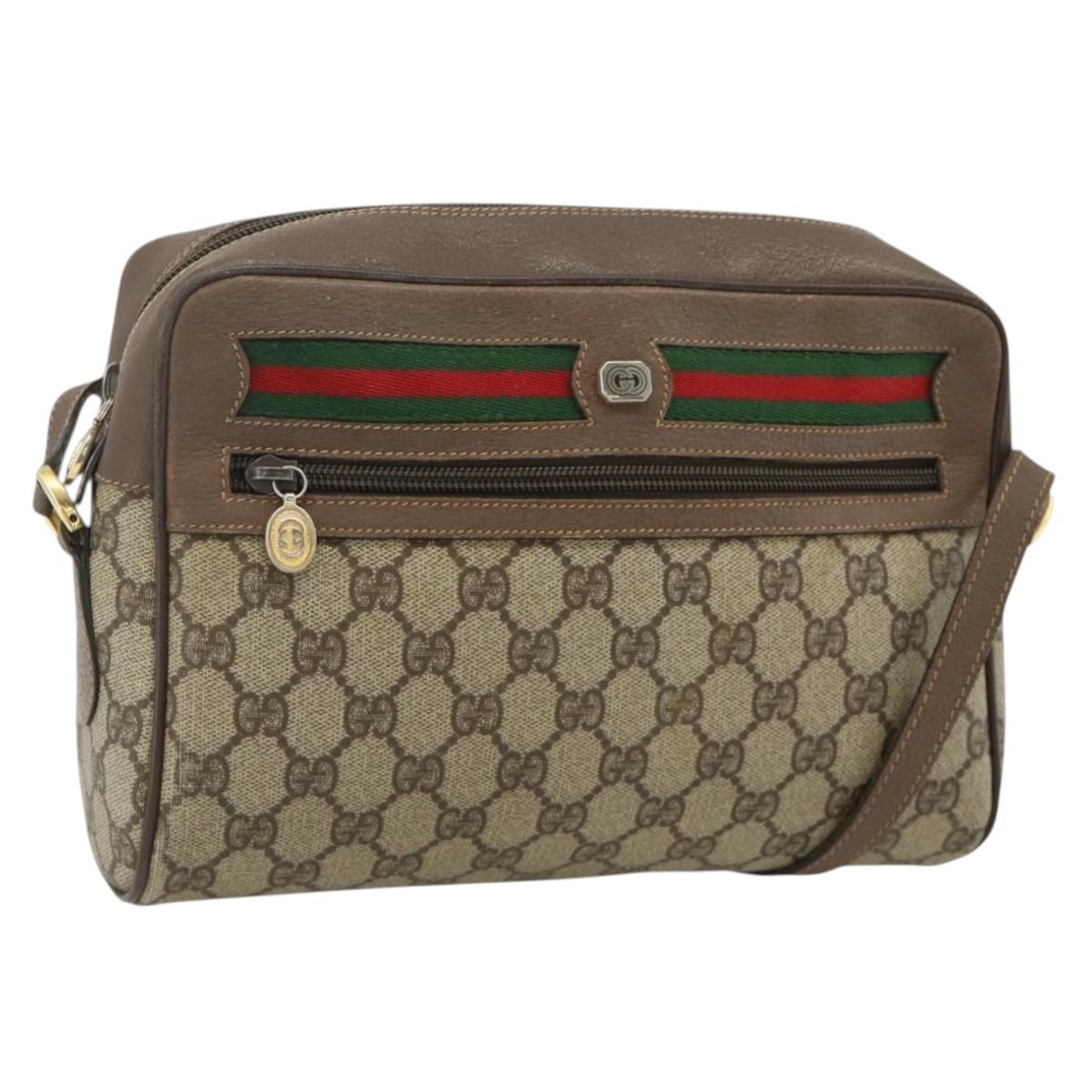 GUCCI GG Supreme Web Sherry Line Shoulder Bag PVC Beige Gold Auth 177704