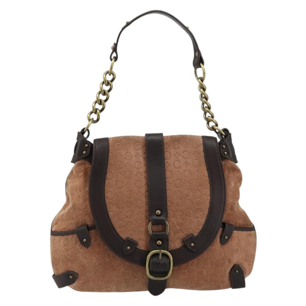 CELINE C Macadam Canvas Chain Shoulder Bag Suede Brown Gold Auth 177715A