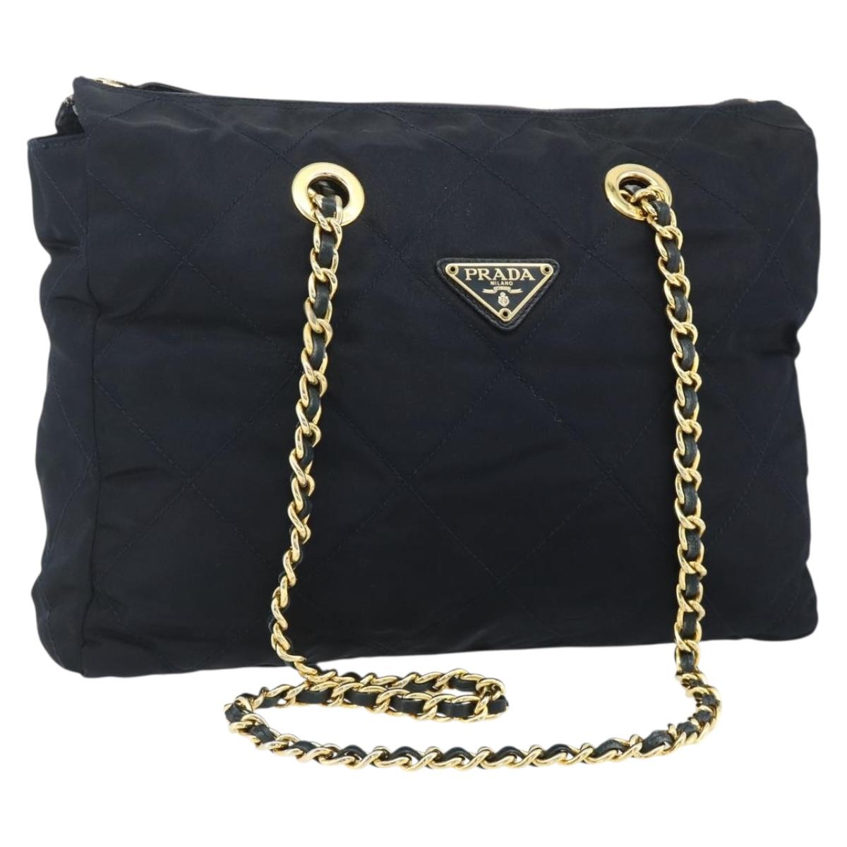 PRADA Chain Tote Bag Nylon Navy Gold Auth 177788