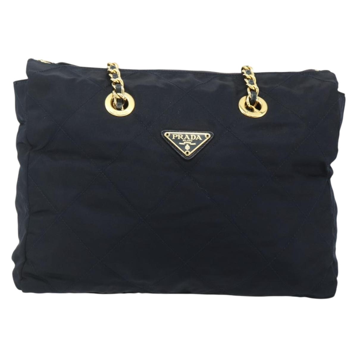 PRADA Chain Tote Bag Nylon Navy Gold Auth 177788