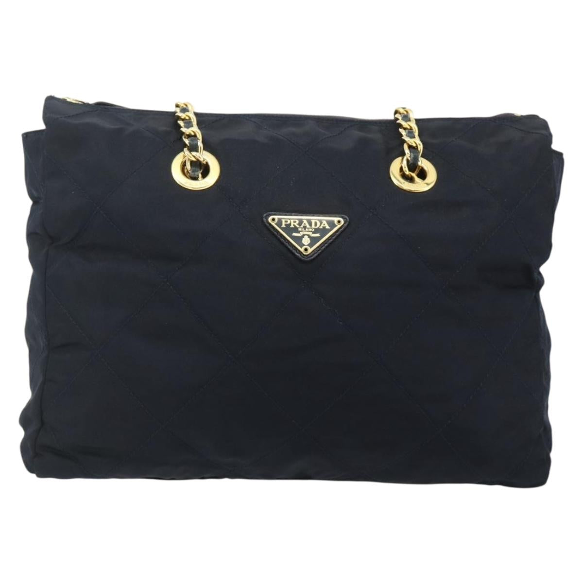 PRADA Chain Tote Bag Nylon Navy Gold Auth 177788