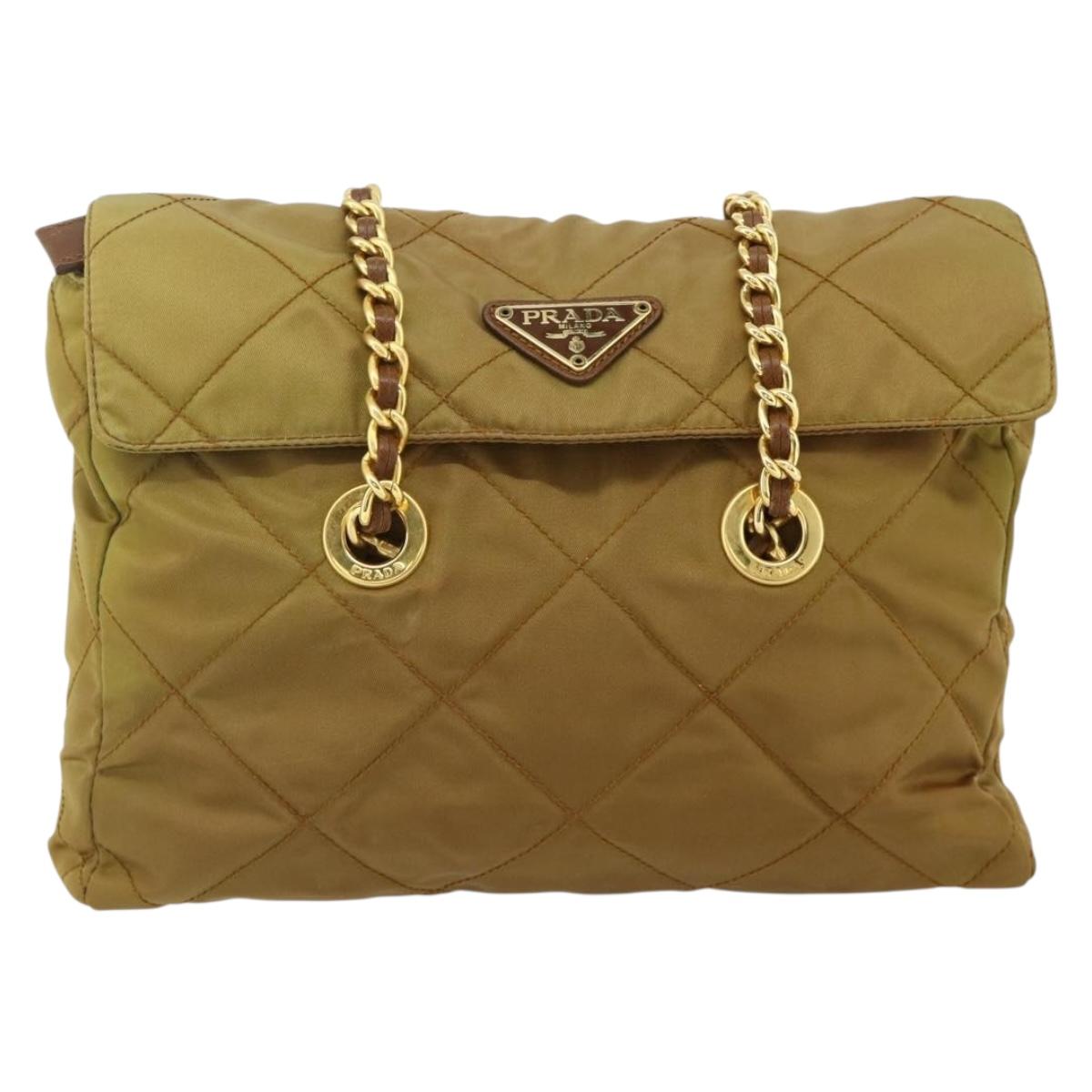 PRADA Chain Tote Bag Nylon Beige Gold Auth 177789