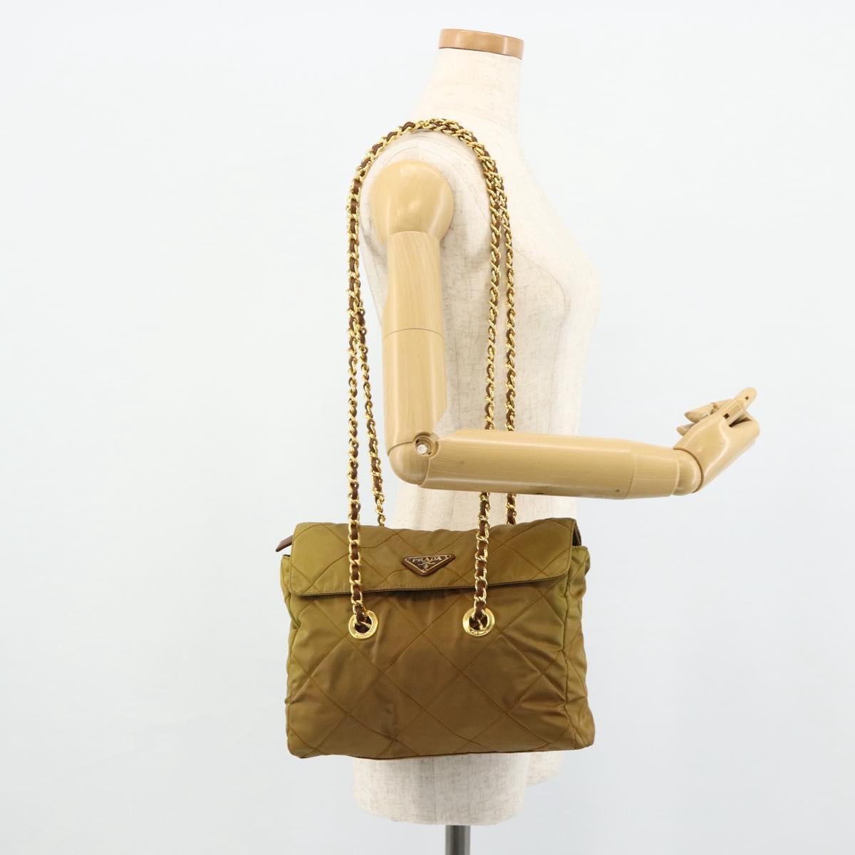 PRADA Chain Tote Bag Nylon Beige Gold Auth 177789