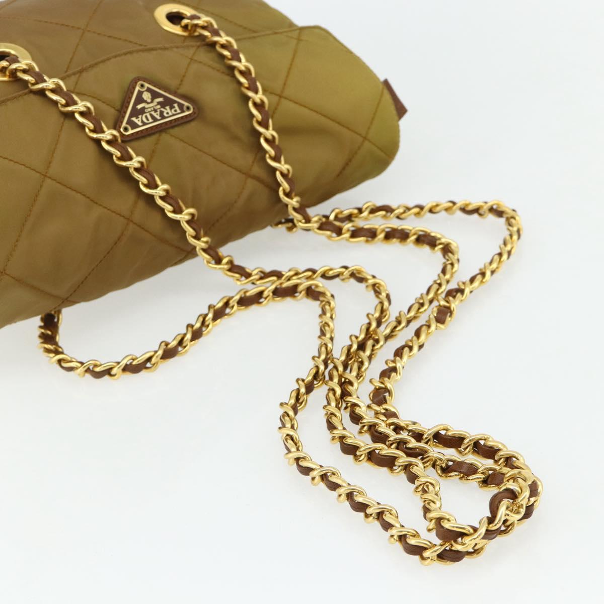 PRADA Chain Tote Bag Nylon Beige Gold Auth 177789