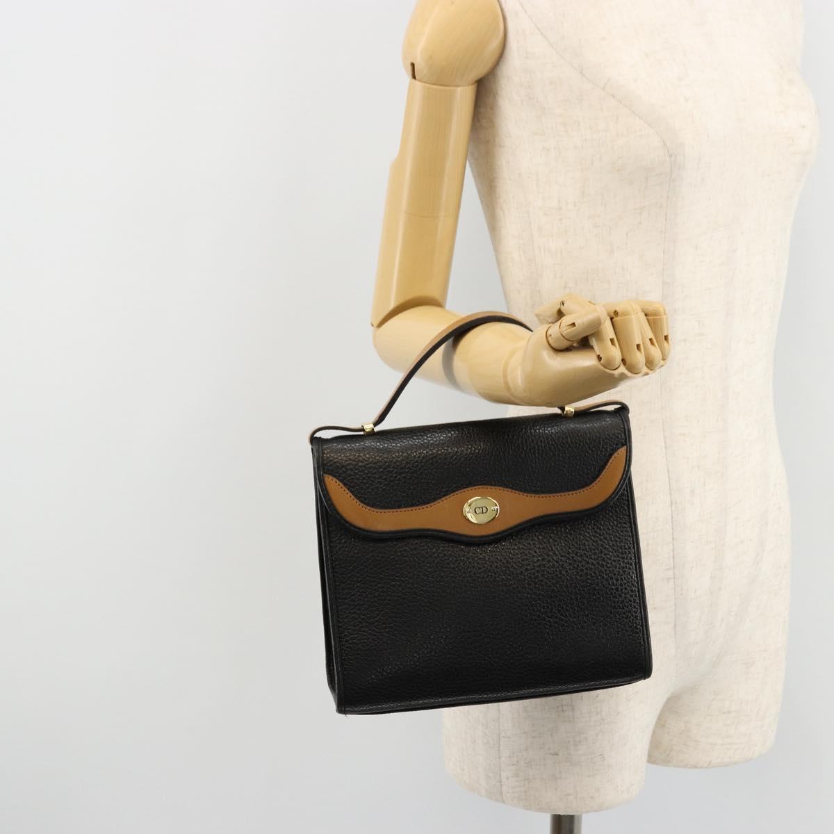 Christian Dior Hand Bag Leather Black Gold Auth 177815