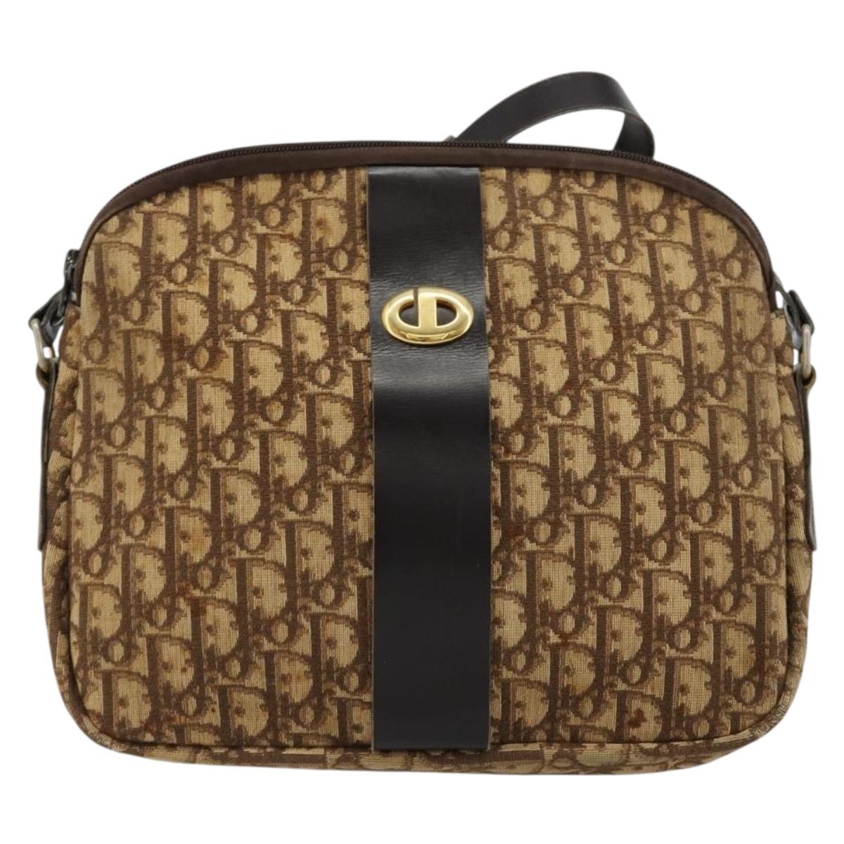 Christian Dior Trotter Canvas Shoulder Bag Brown Gold Auth 177825