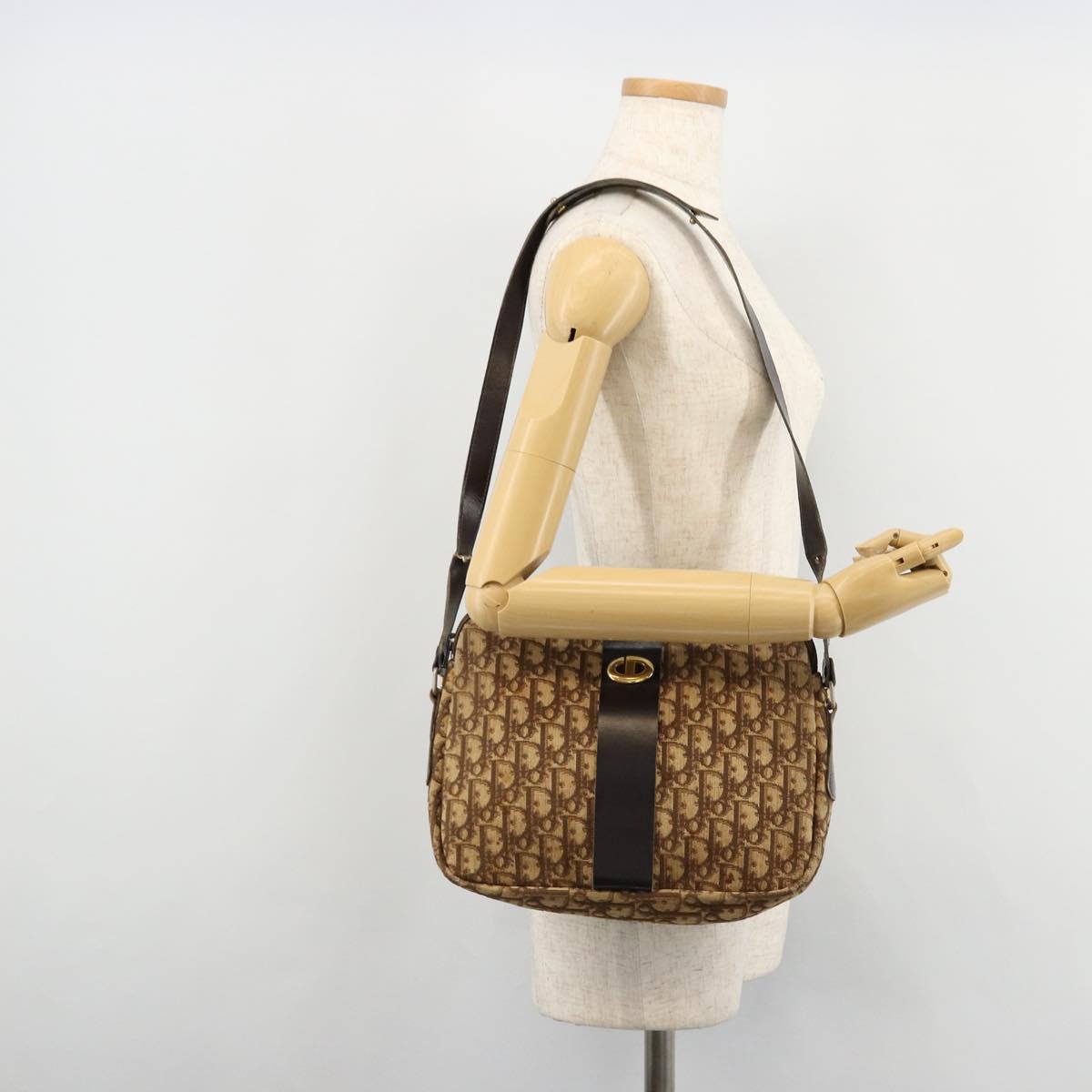 Christian Dior Trotter Canvas Shoulder Bag Brown Gold Auth 177825