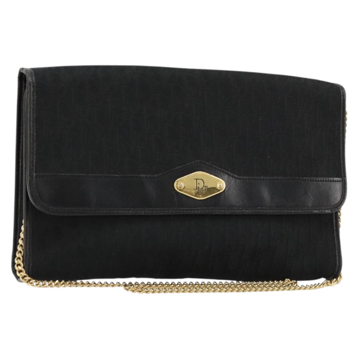Christian Dior Trotter Canvas Chain Shoulder Bag Black Gold Auth 177828A