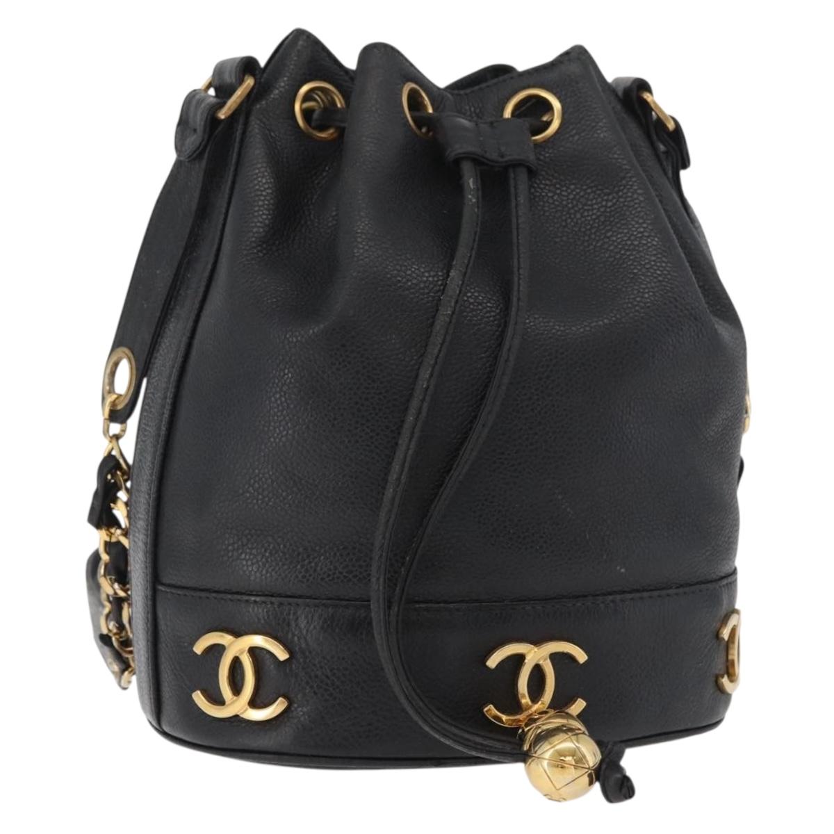 CHANEL Triple Coco Drawstring Chain Bag Caviar Skin Black Gold CC Auth 177863