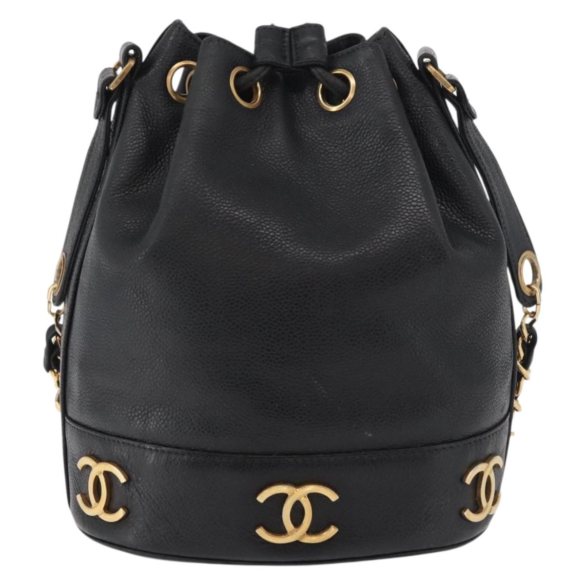 CHANEL Triple Coco Drawstring Chain Bag Caviar Skin Black Gold CC Auth 177863