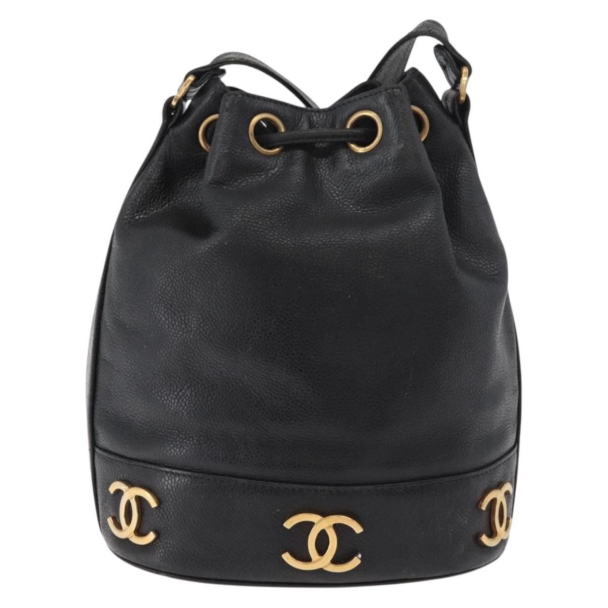 CHANEL Triple Coco Drawstring Chain Bag Caviar Skin Black Gold CC Auth 177863
