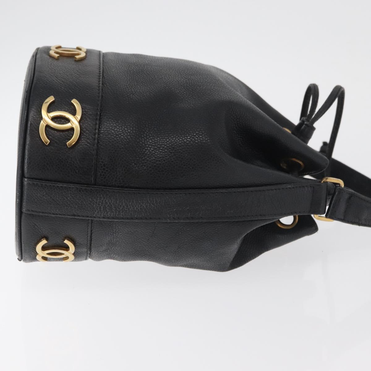 CHANEL Triple Coco Drawstring Chain Bag Caviar Skin Black Gold CC Auth 177863