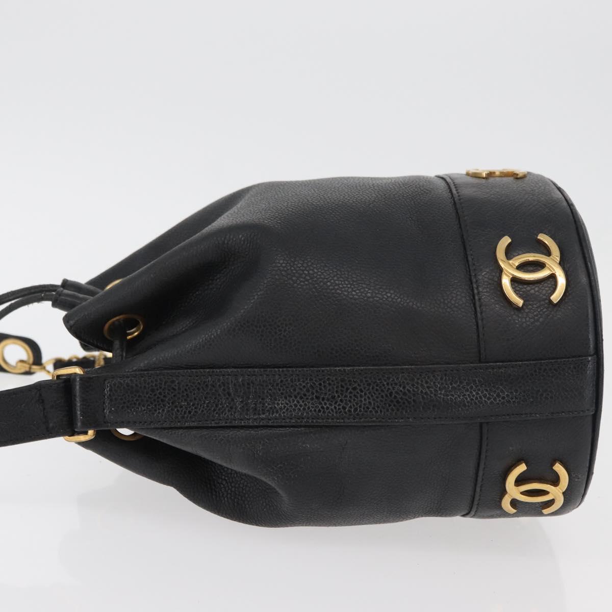CHANEL Triple Coco Drawstring Chain Bag Caviar Skin Black Gold CC Auth 177863