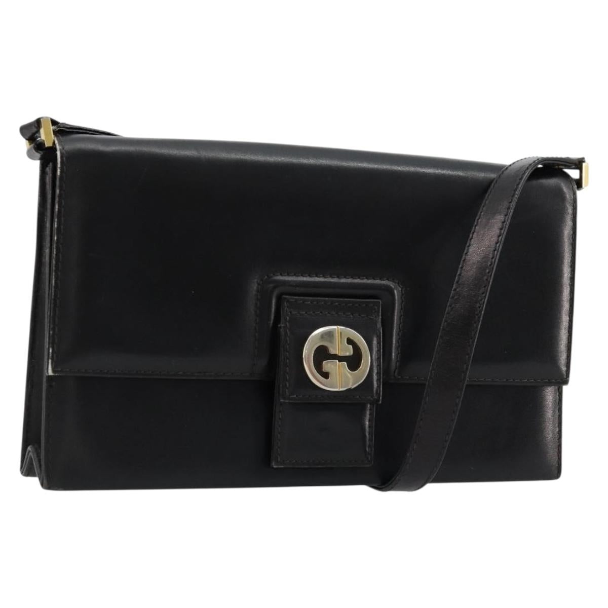 GUCCI Shoulder Bag Leather Black Gold Auth 177874