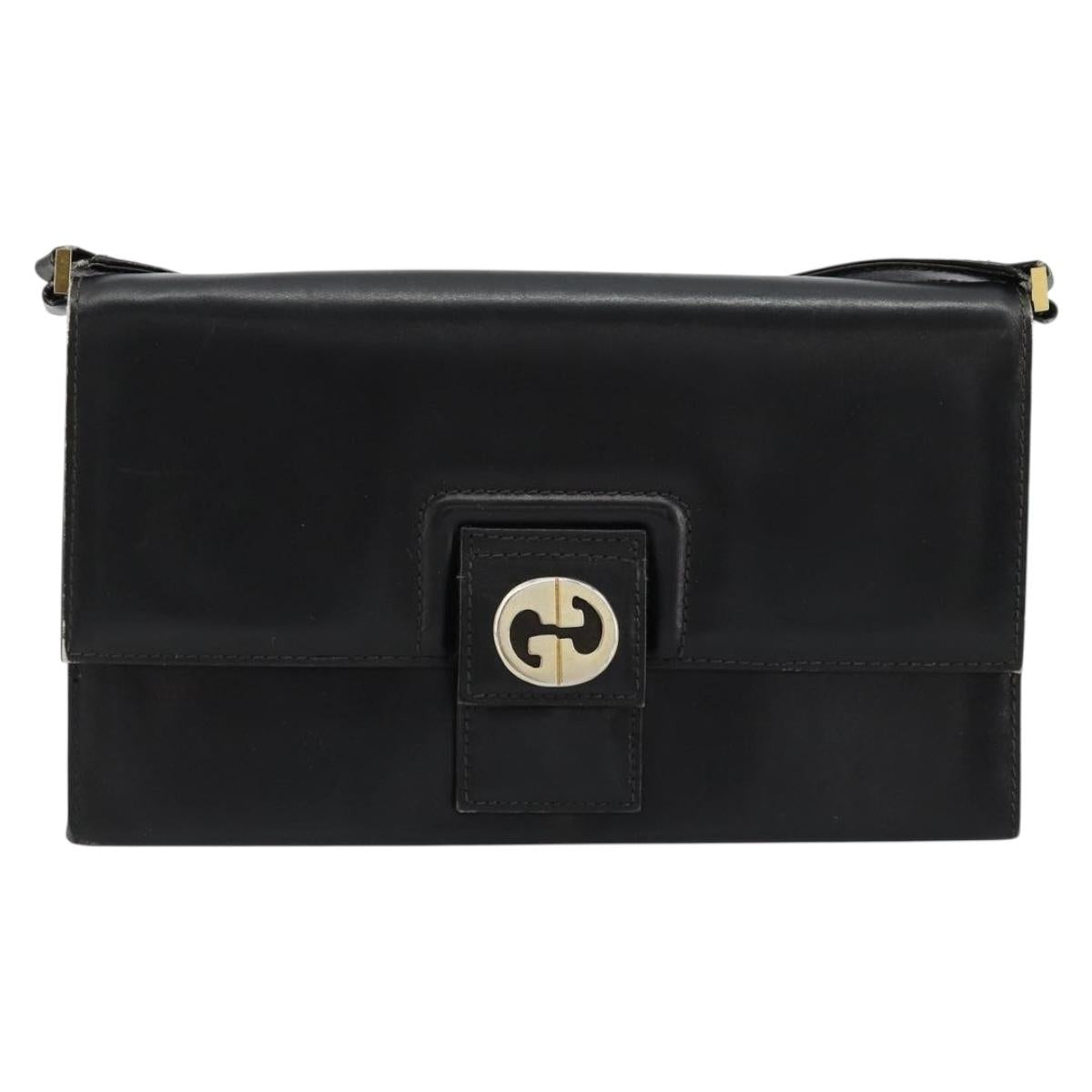GUCCI Shoulder Bag Leather Black Gold Auth 177874