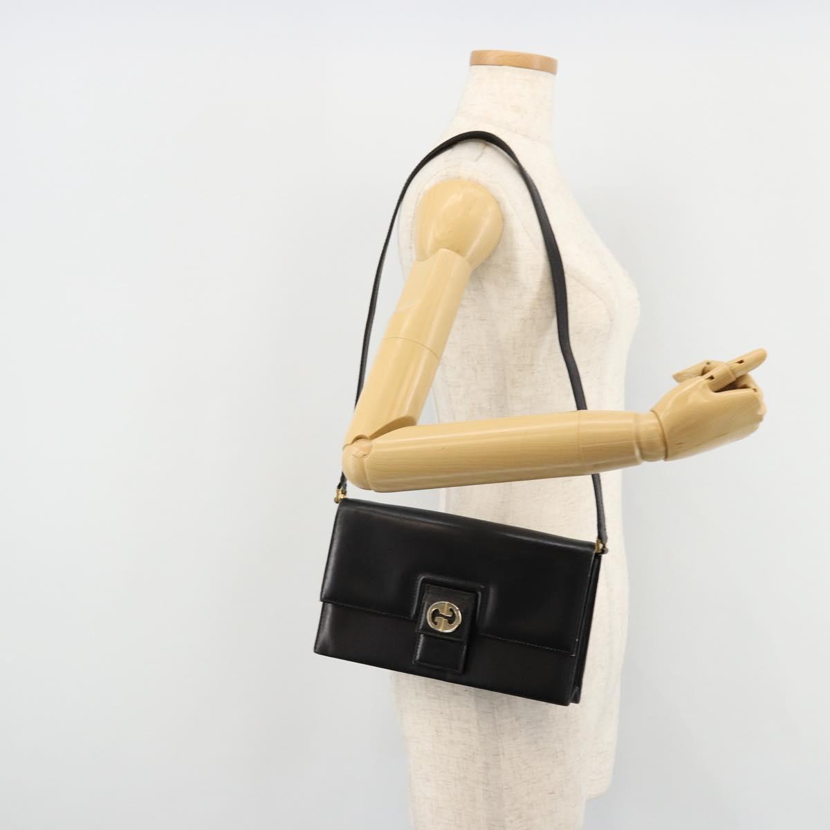 GUCCI Shoulder Bag Leather Black Gold Auth 177874